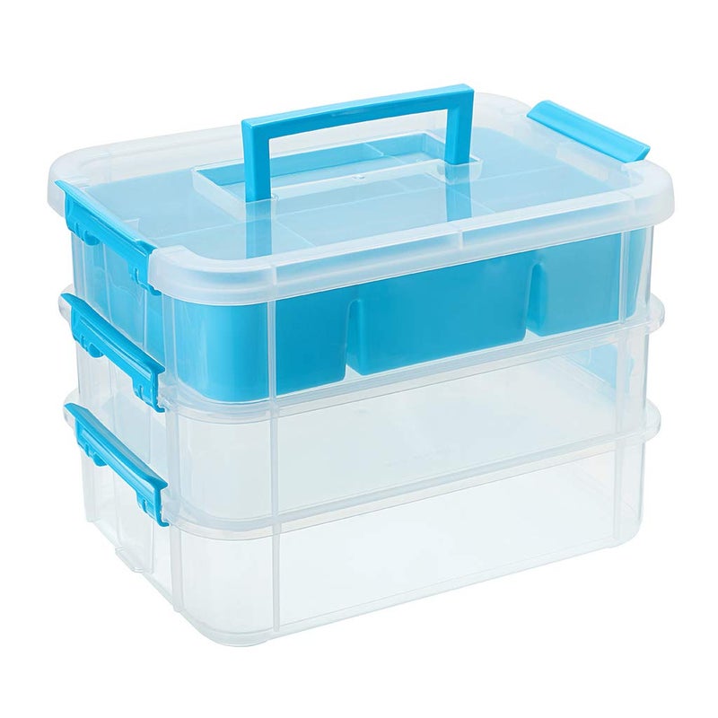 JUXYES 3-Tiers Stack Carry Storage Box With Divided Tray, Transparent Stackable Storage Bin With Handle Lid Latching Storage Container for School & Office Supplies (Blue) - Image 1